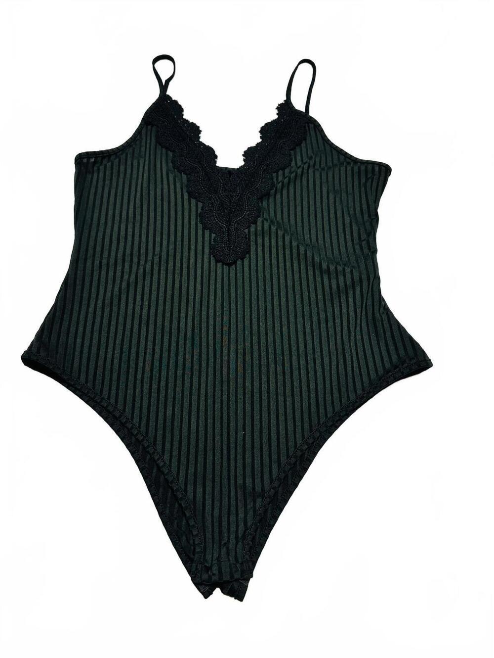 SHEIN Curve 1XL Black Lace Trim Striped Bodysuit